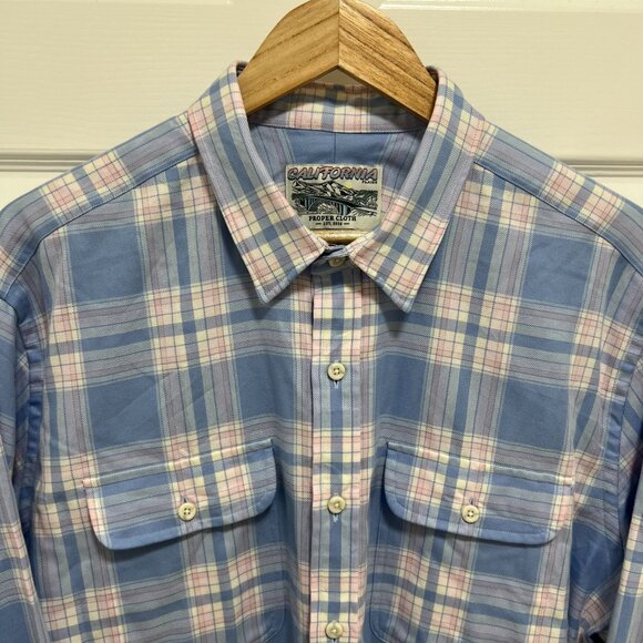 $165 Proper Cloth California Plaid Shirt XL Faded Blue Pink Rose 100% Cotton - Picture 5 of 9